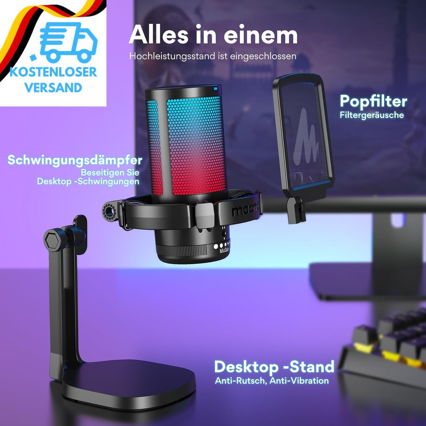 MAONO Gaming Mikrofon PC, Geräuschunterd