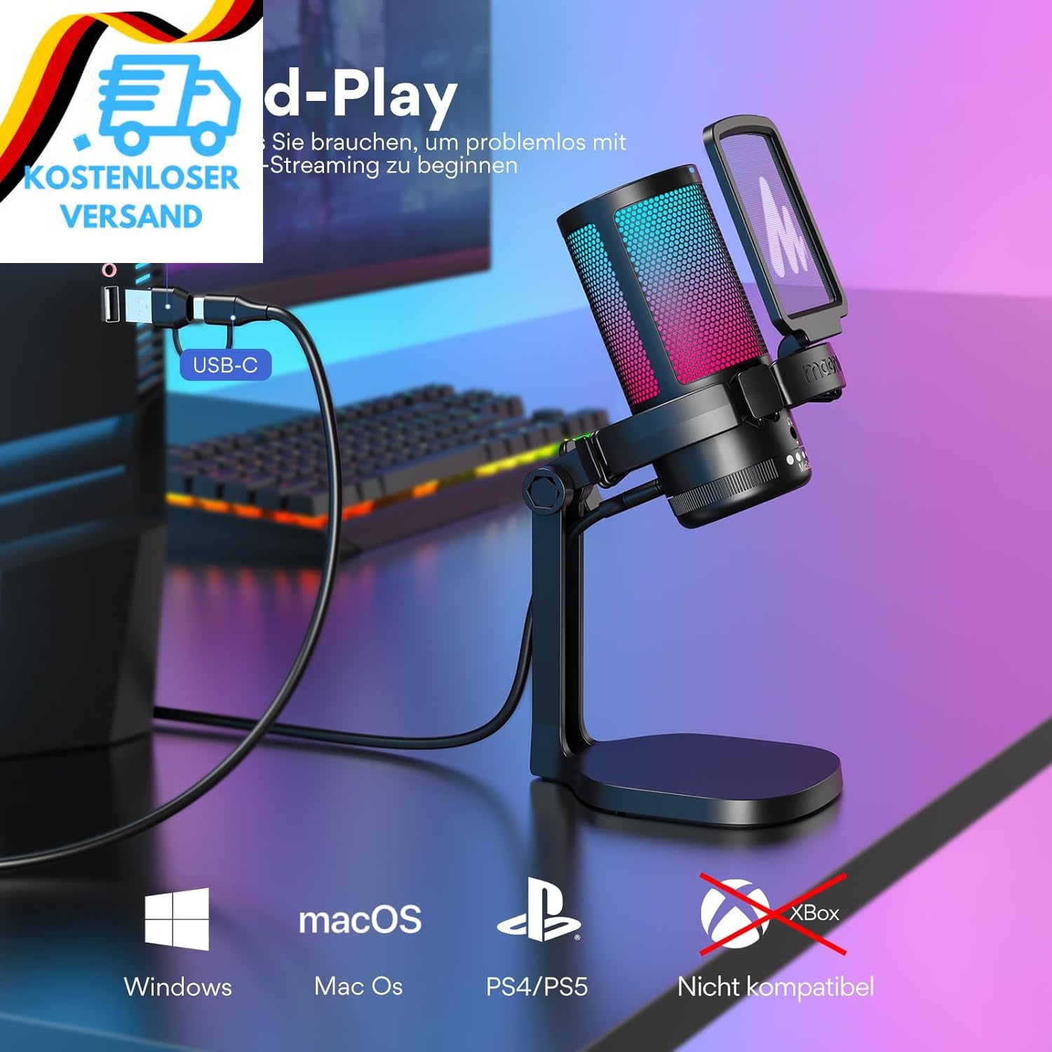 MAONO Gaming Mikrofon PC, Geräuschunterd